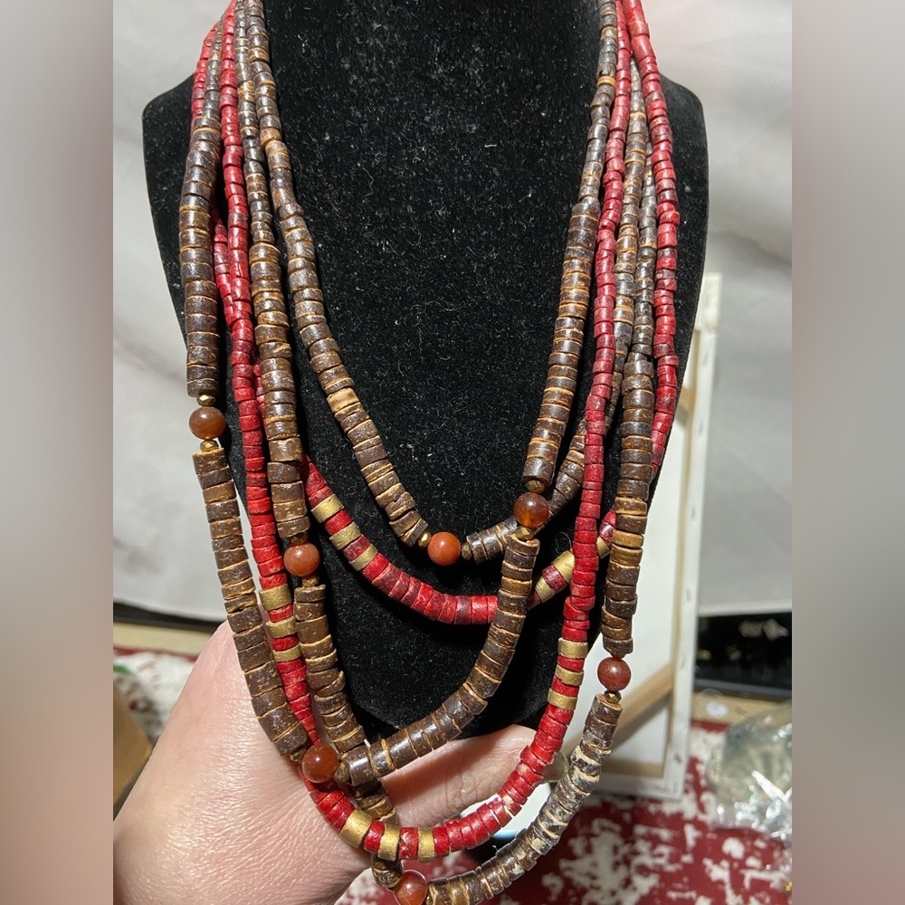 Tribal, Boho Wood Bead, Layered Necklace